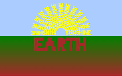 Pale blue sky with yellow sun made from the word 'sunshine' repeated 13 times; green earth fades to brown with 'earth' in large brown letters