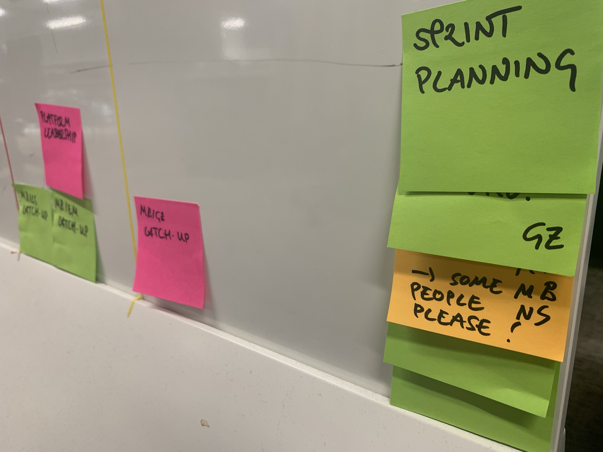 Meetings represented by sticky notes on the team board